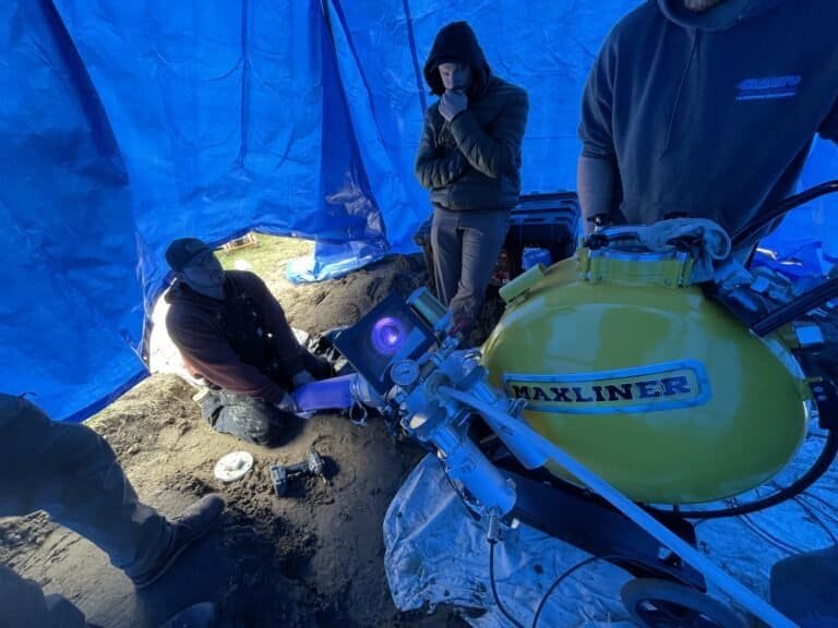 Thompson Trenchless and Hydro Jetting crew repairs a pipe together, showing teamwork and focus on the job.