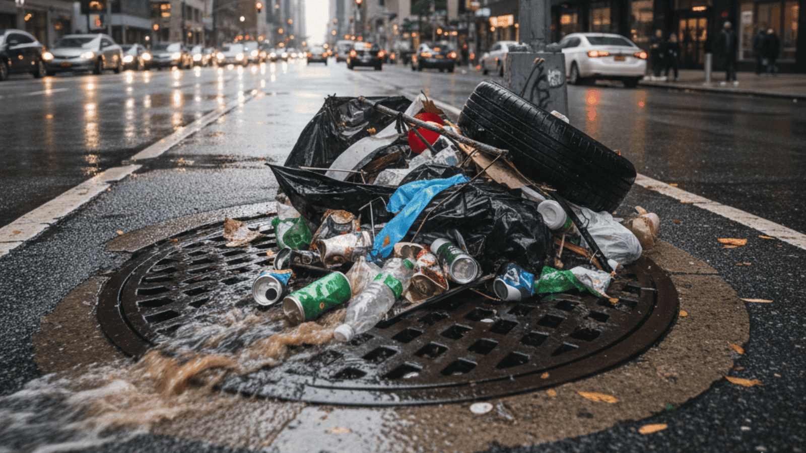 Blocked storm drain shows why Thompson Trenchless and Hydro Jetting helps keep city streets safe from flooding.