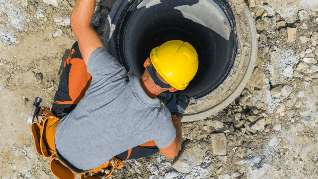 A Thompson Trenchless worker checks a manhole, likely getting ready for pipe or sewer repairs using hydro jetting.