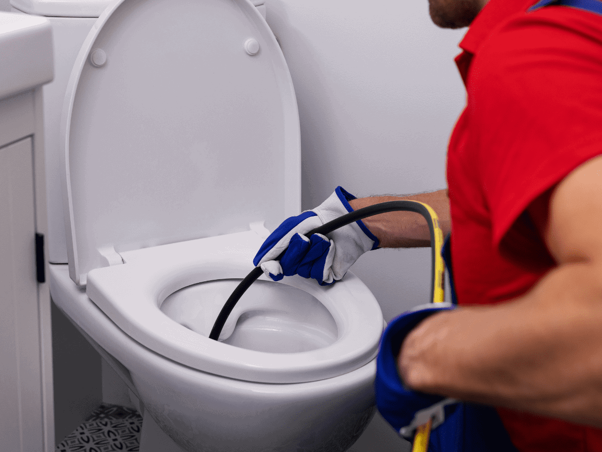 Thompson Trenchless and Hydro Jetting worker clears a toilet clog to get ready for a full pipe check in the bathroom.