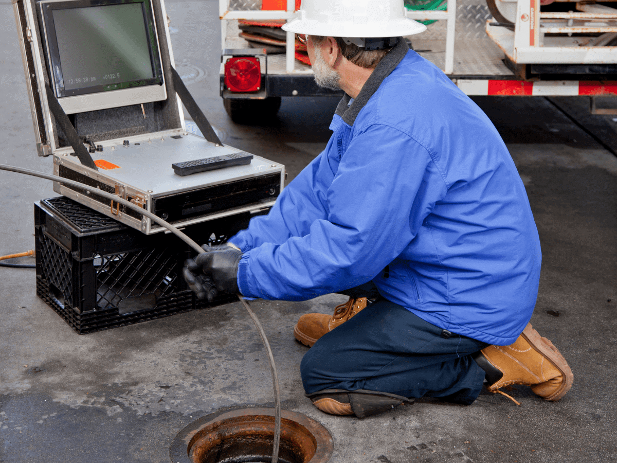 A Thompson Trenchless and Hydro Jetting worker inspects underground pipes using special tools for safe and careful checks.