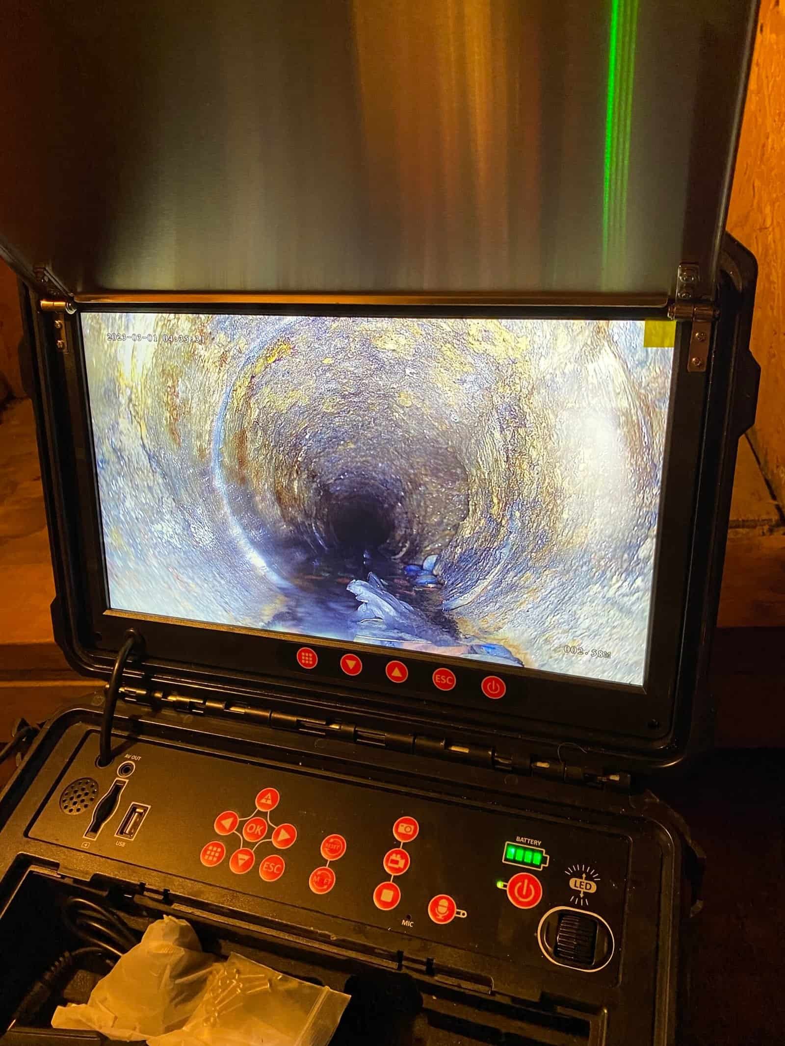 Thompson Trenchless and Hydro Jetting inspects pipes with a camera system, showing pipe conditions for easier repairs.