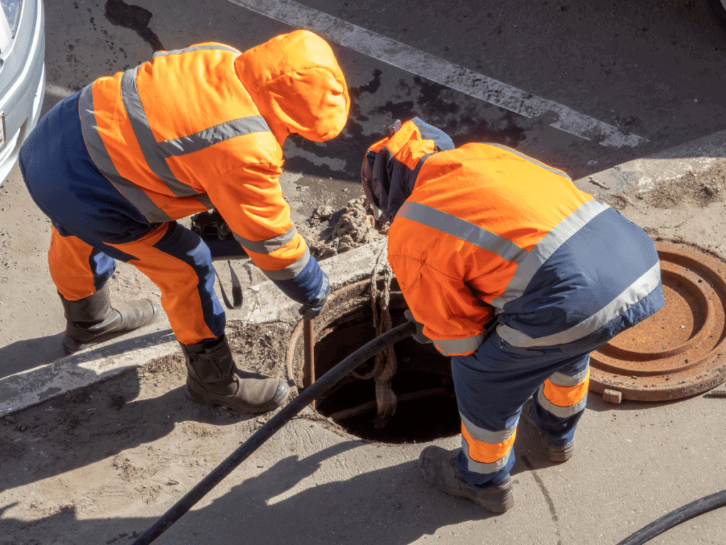 Thompson Trenchless and Hydro Jetting team cleans and maintains a manhole using hydro jetting for better pipe flow.