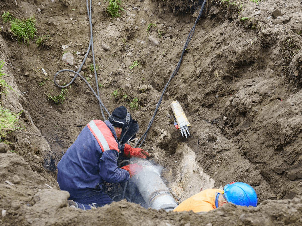 Thompson Trenchless and Hydro Jetting team fixes a broken pipe, showing safe expert repair in tough conditions.