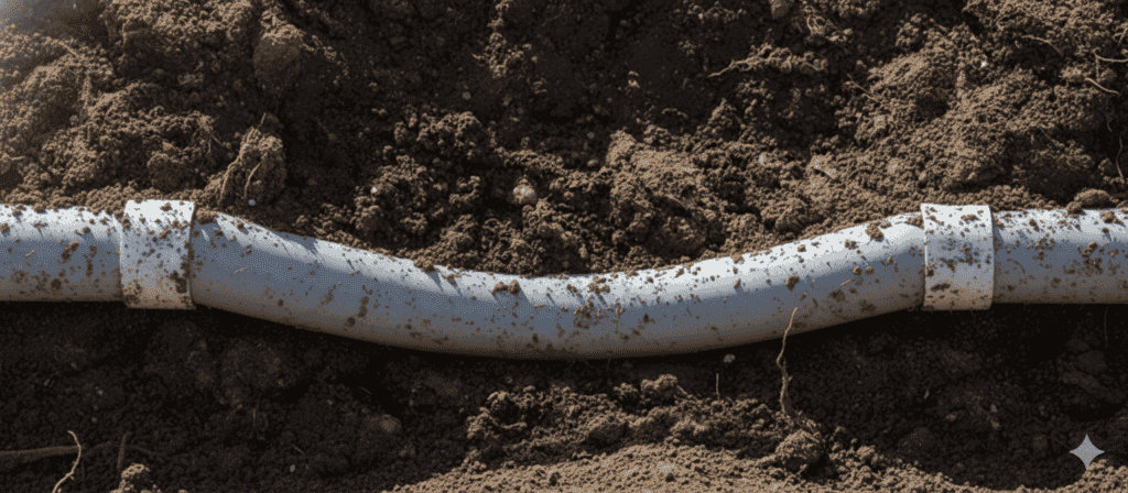 A bent pipe in soil suggests a problem that Thompson Trenchless and Hydro Jetting can help fix with their repair services.