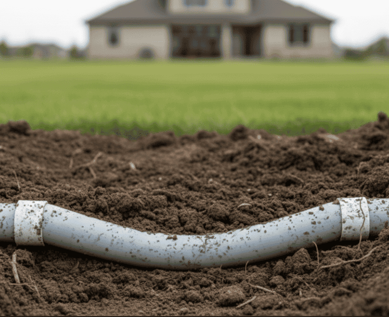 Thompson Trenchless and Hydro Jetting repairs a sewer line under a lawn, showing safe underground plumbing work.
