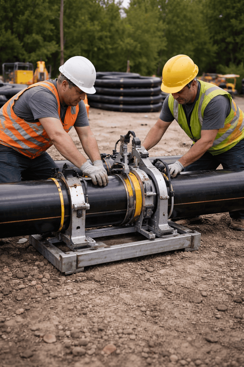 Thompson Trenchless and Hydro Jetting team repairs pipes outdoors, using machines for better and faster pipe solutions.
