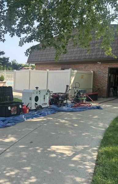 Thompson Trenchless and Hydro Jetting offers drain repair services with tools ready by a welcoming garage entrance.