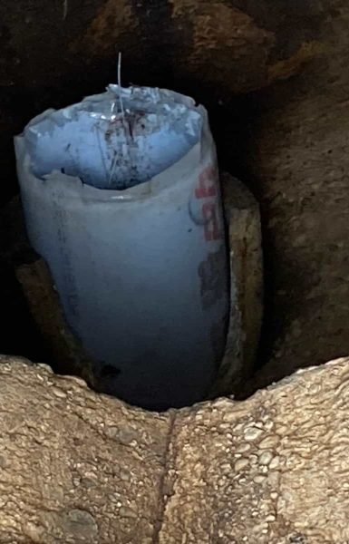 Thompson Trenchless and Hydro Jetting installs new pipe, showing recent drain work and exposed dirt after digging.