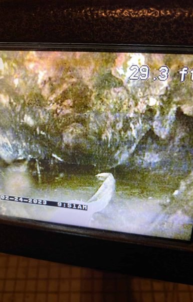 Thompson Trenchless and Hydro Jetting found pipe blockage during inspection, showing repair is needed at 29.3 feet deep.