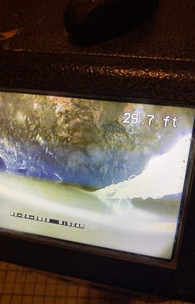 Thompson Trenchless and Hydro Jetting camera shows a problem in the sewer line that may need repair.